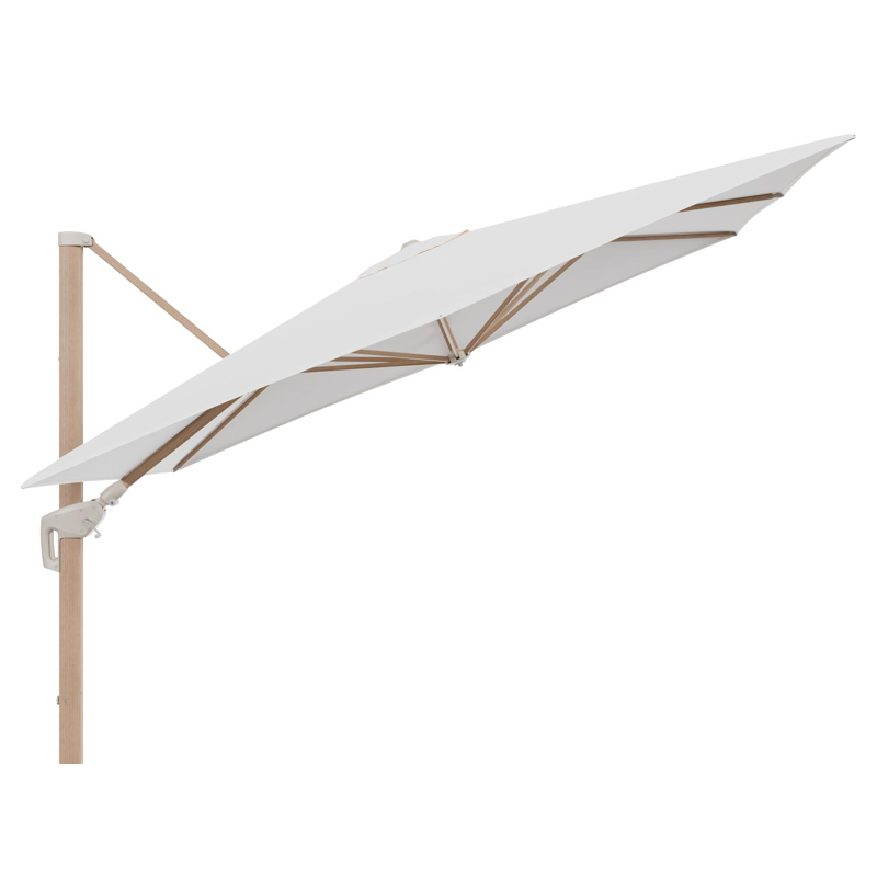 Parasol pendant Minore avec fonction tilt en aluminium aspect de bois et toile de parasol All Weather Sunbrella® Luxe Lopi Snow - Lg.1: 280 x Lg.2: 370 cm (sans pied de parasol