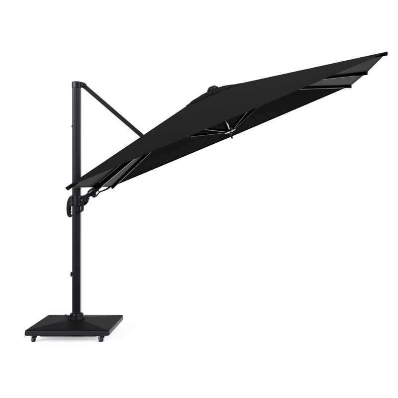 Avola zweefparasol met tiltfunctie in zwart aluminium met zwart all weather sunbrella® premium parasoldoek - L1 200 x L2 300 cm met parasolvoet Avola 90 kg