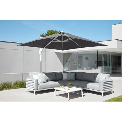 Avola zweefparasol met tiltfunctie in wit aluminium met grijs polyester parasoldoek - L1: 300 x L2: 300 cm (met voet)