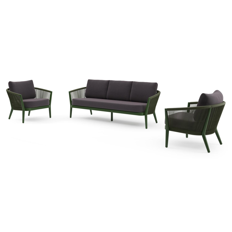 Orso loungeset in groen aluminium en groen verticaal geweven ronde rope met Tundra Red all weather sunbrella® luxe kussen