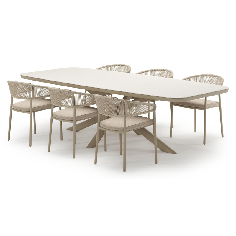 Ensemble de jardin Pamplona en aluminium beige et sintered stone crema minerale avec 6 chaises de jardin empilable Zamora