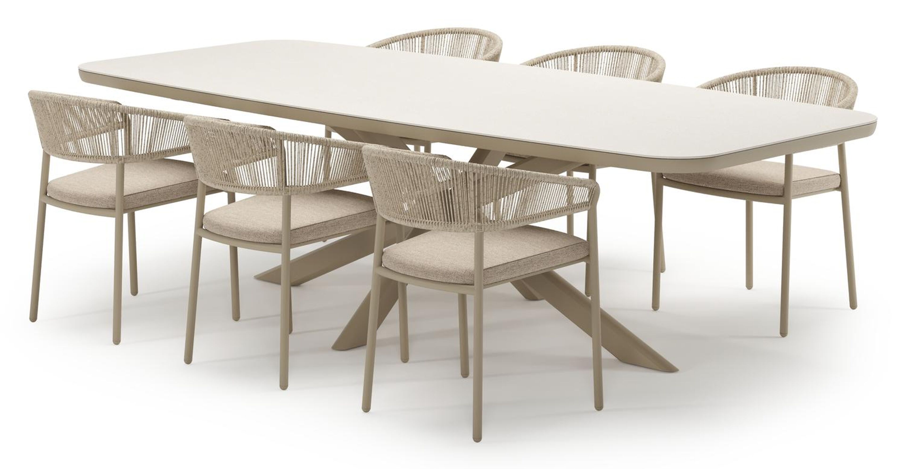 Ensemble de jardin Pamplona en aluminium beige et sintered stone crema minerale avec 6 chaises de jardin empilable Zamora