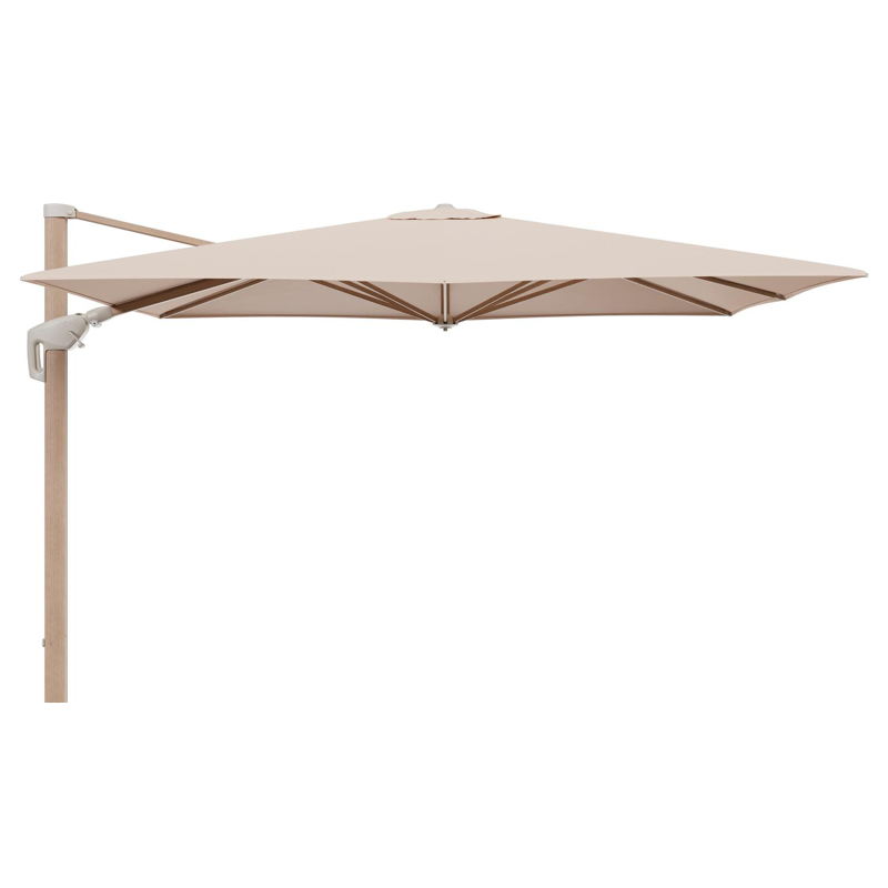 Minore zweefparasol met tiltfunctie in houtlook aluminium en Natte Linen Chalk All Weather Sunbrella® Luxe parasoldoek - L1 280 x L2 370 cm (zonder voet)