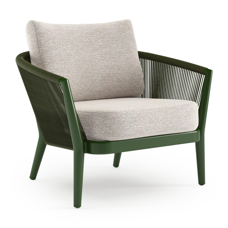 Orso loungestoel in groen aluminium en groen verticaal geweven ronde rope met Tundra Sand all weather sunbrella® luxe kussen