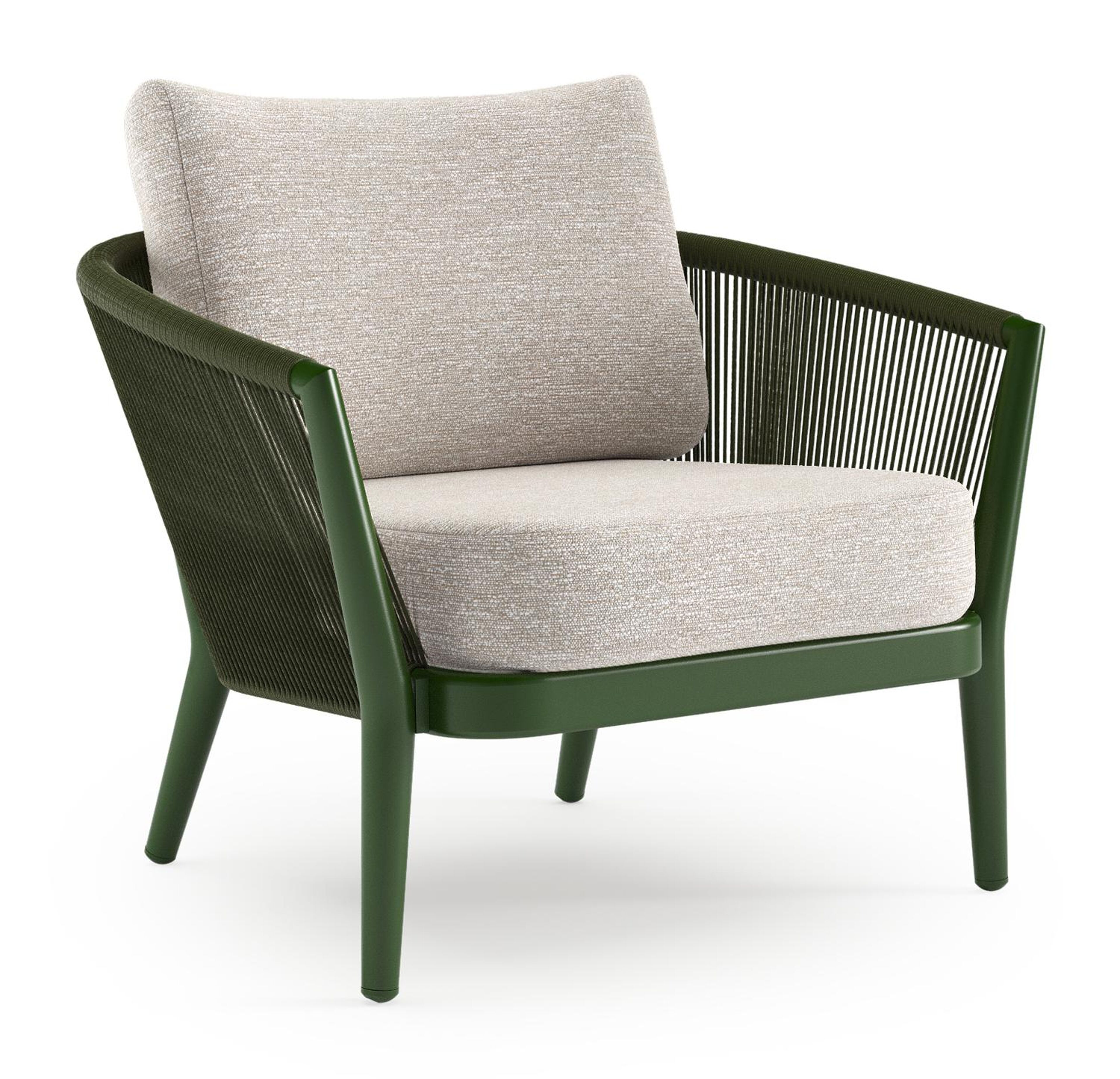 Fauteuil de jardin Orso en aluminium vert en corde ronde tissée verticalement vert et coussins en all weather sunbrella® luxe Tundra Sand