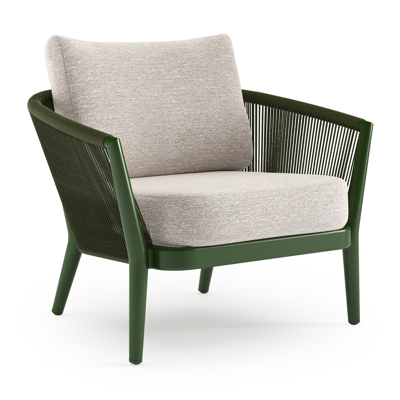 Orso loungestoel in groen aluminium en groen verticaal geweven ronde rope met Tundra Sand all weather sunbrella® luxe kussen