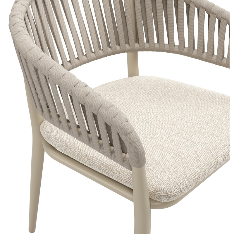 Tolfa stapelbare tuinstoel in beige aluminium en beige verticaal geweven luxe vlakke brede rope met stoelkussen in All Weather Cosytica Marbella Ecru