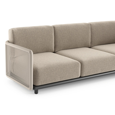 Salon de jardin d'angle Organo en aluminium noir et corde luxe plate tissée verticalement beige et coussin en all weather Sunbrella® luxe chartres pewter