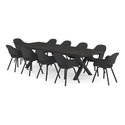Reza tuinset in zwart aluminium en zwart volkeramiek tafelblad met 10 Artena tuinstoelen
