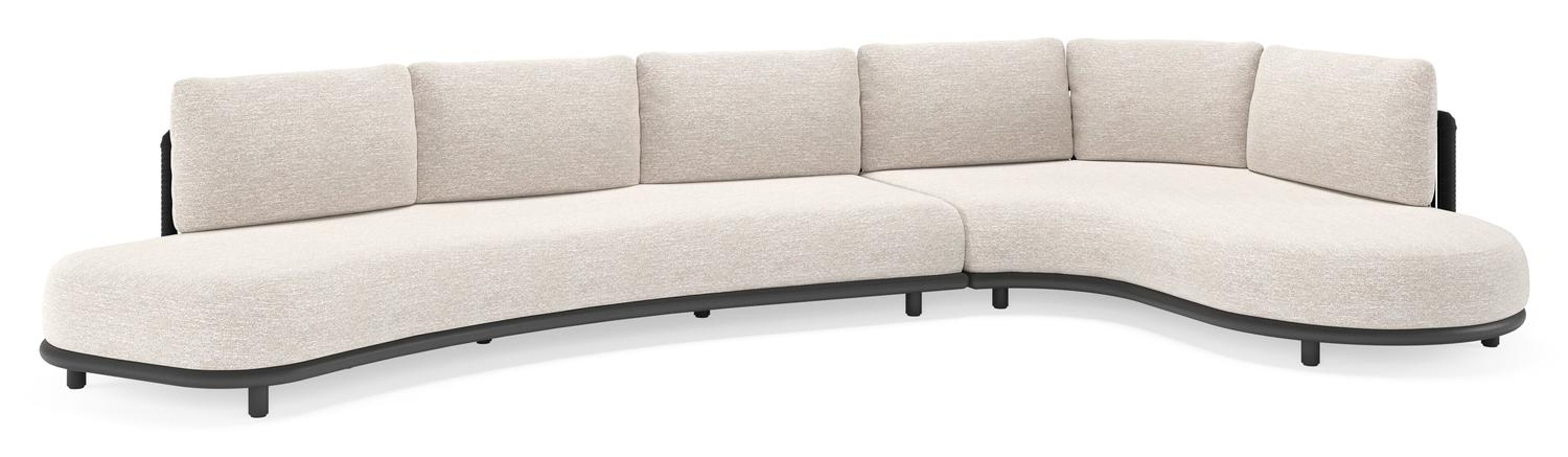 Lomano loungehoek in zwart aluminium en zwart verticaal geweven luxe vlakke rope met tundra sand all weather sunbrella® luxe kussen