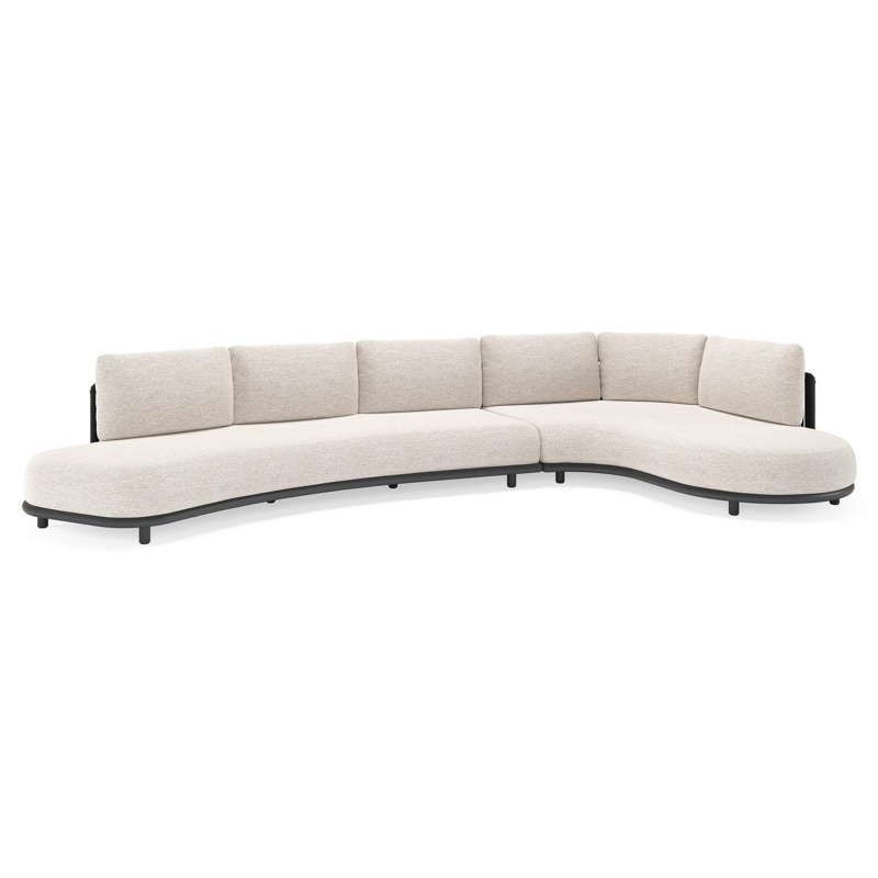 Lomano loungehoek in zwart aluminium en zwart verticaal geweven luxe vlakke rope met tundra sand all weather sunbrella® luxe kussen