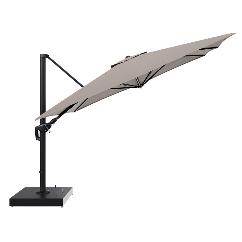 Parasol pendant Minore avec fonction tilt en aluminium noir et toile de parasol All Weather Solica Firenze Earth - Lg.1: 350 x Lg.2: 350 cm avec pied de parasol Minore 260 kg avec roulettes