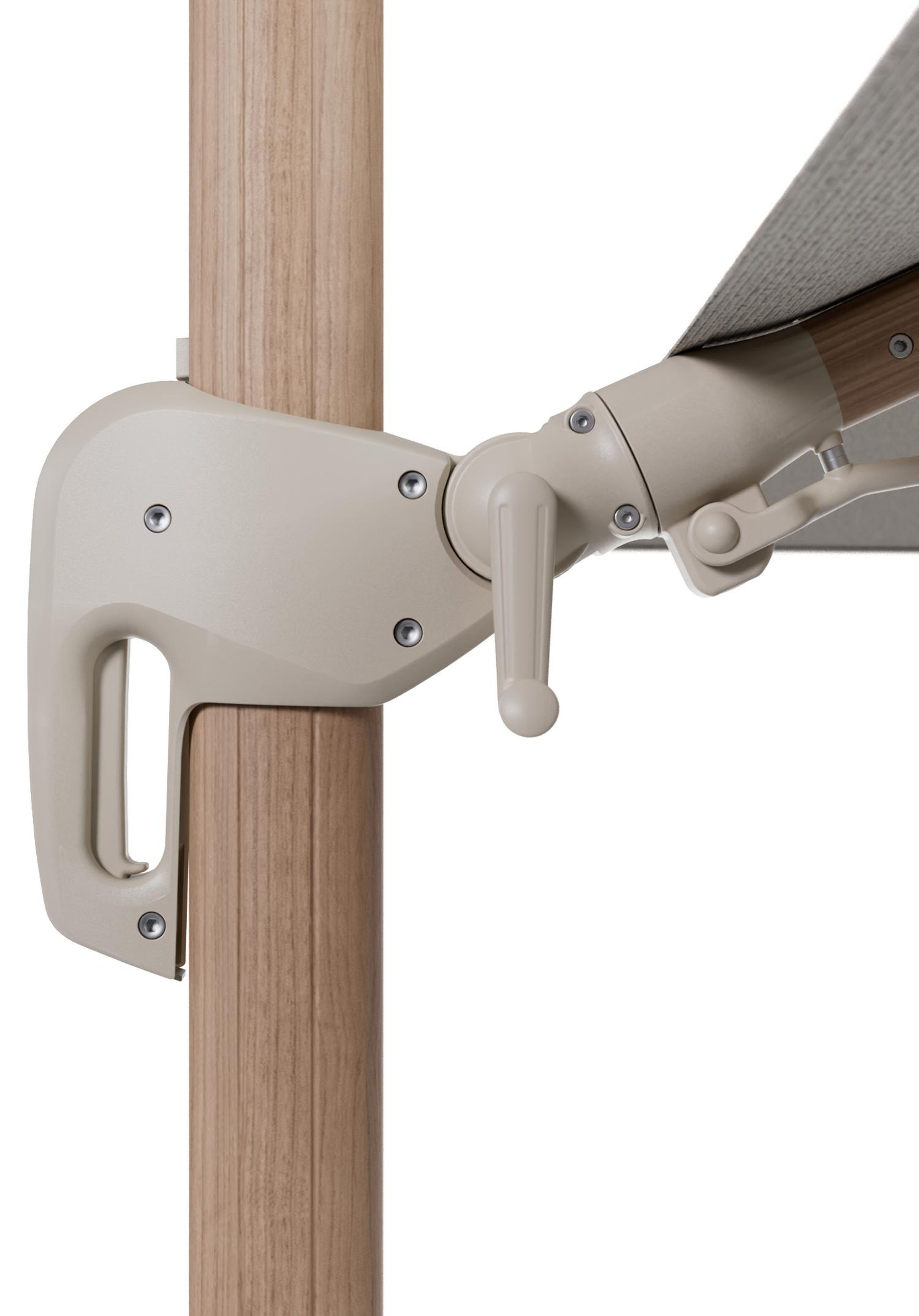 Rufina zweefparasol met tiltfunctie in houtlook aluminium en Firenze Sand All Weather Solica parasoldoek - L1 400 x L2 300 cm met parasolvoet Minore 150 kg met wielen