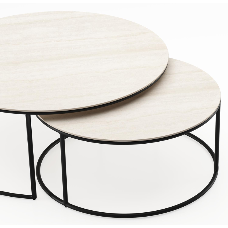 Ensemble de 2 tables d'appoint Fano ronde en noir aluminium et céramique pleine Travertino Bianco - Diam. 85 x Haut. 35 cm