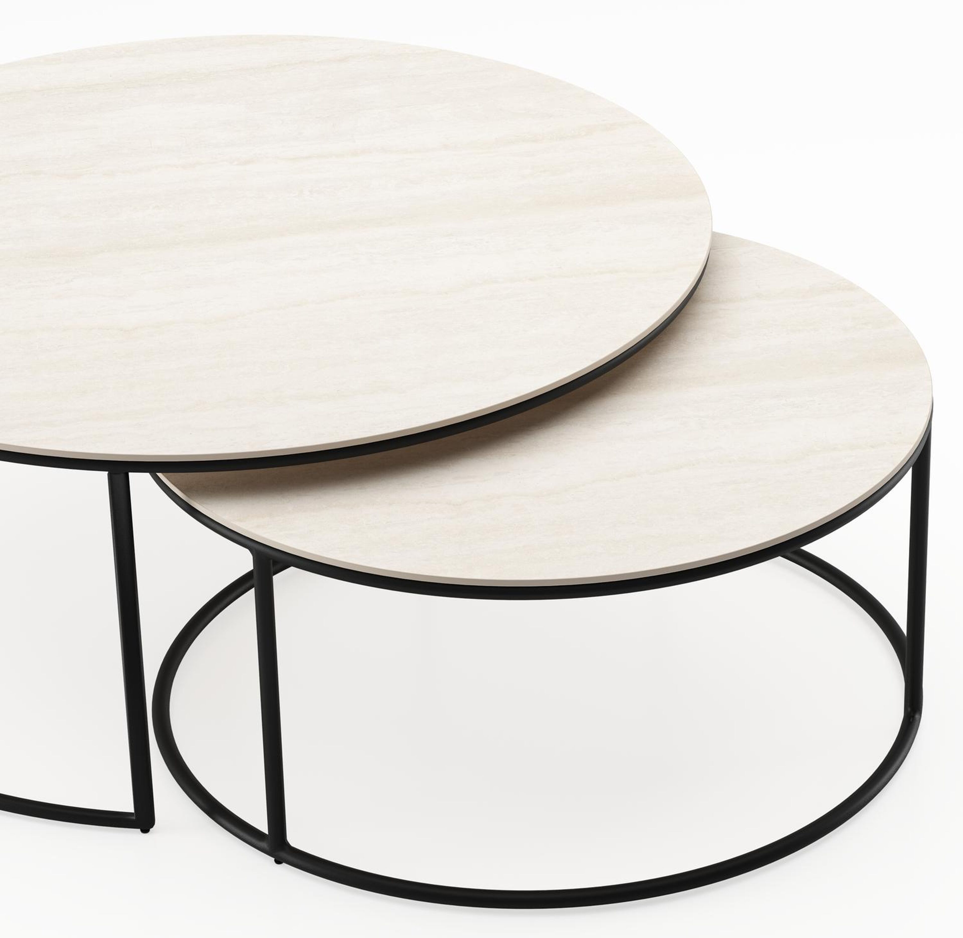 Ensemble de 2 tables d'appoint Fano ronde en aluminium noir et céramique pleine Travertino Bianco - Diam. 85 x Haut. 75 cm