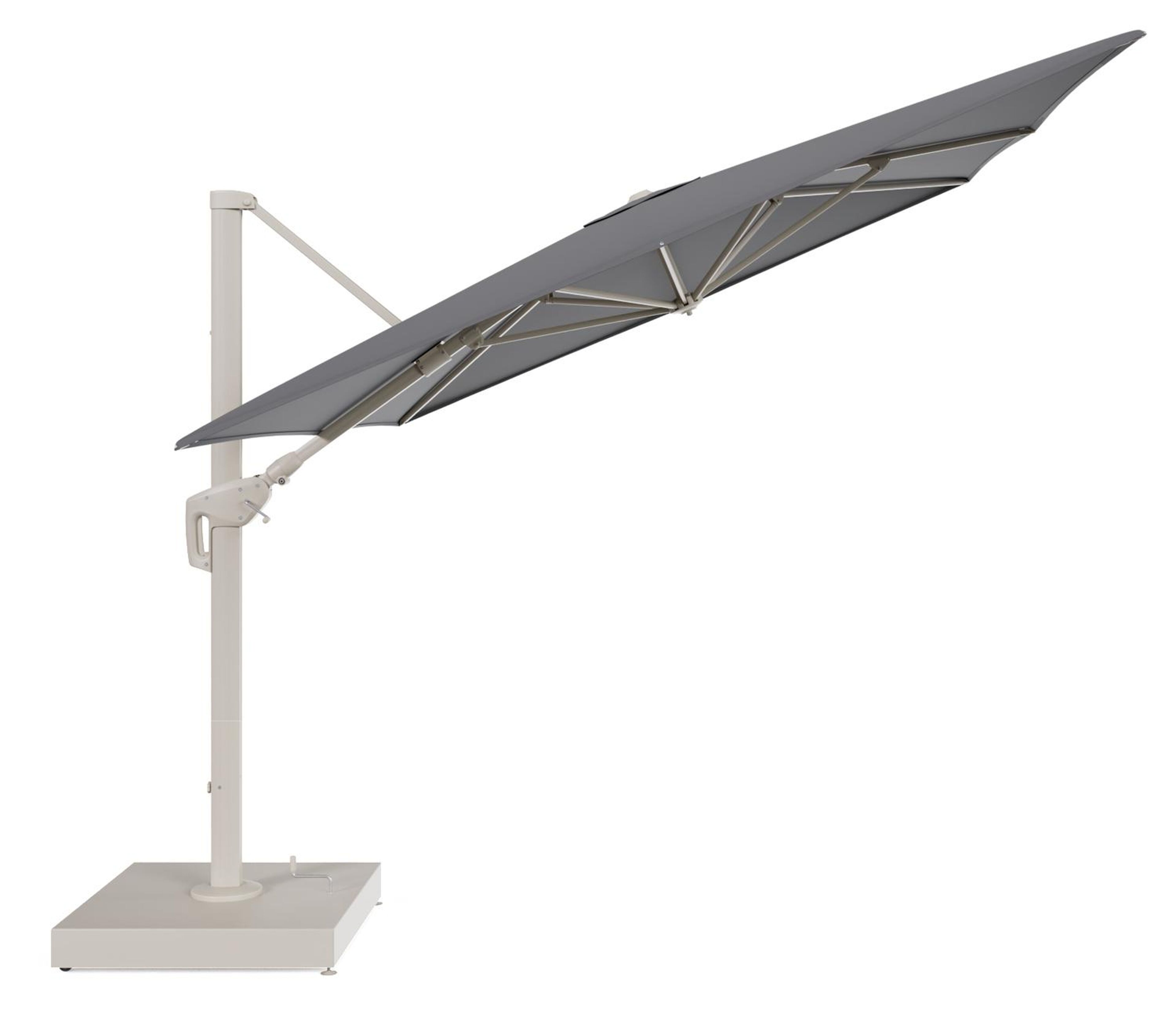 Minore zweefparasol met tiltfunctie in beige aluminium en Natte Charcoal Chine All Weather Sunbrella® Luxe parasoldoek - L1: 400 x L2: 300 cm met parasolvoet Minore 260 kg met wielen