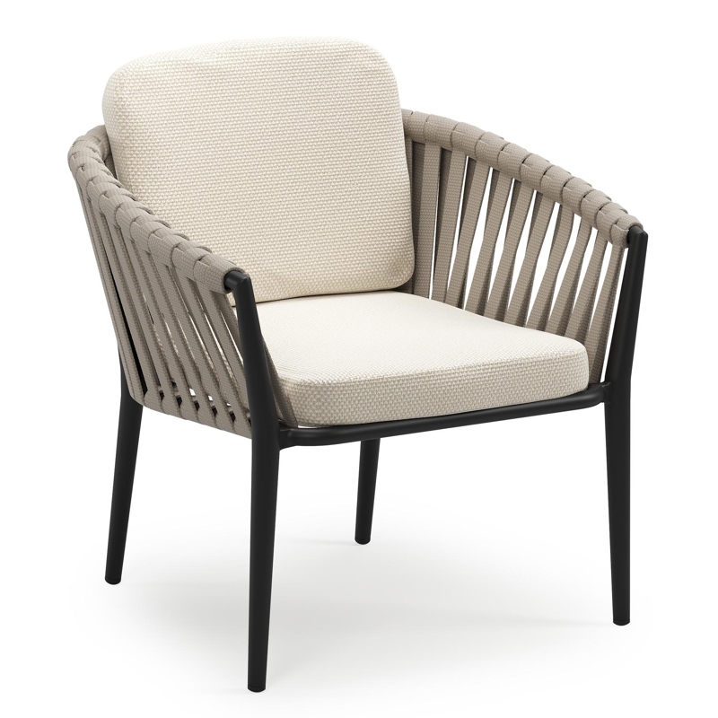 Chaise de jardin low dining Orso en aluminium noir et corde large plate de luxe tissée verticalement beige avec coussin en All Weather Cosytica Althea Off White