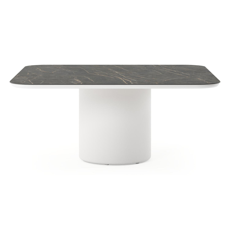Amico low dining tuintafel afgerond vierkant in wit aluminium en volkeramiek Black Obsession - L 148 x B 148 x H 61 cm
