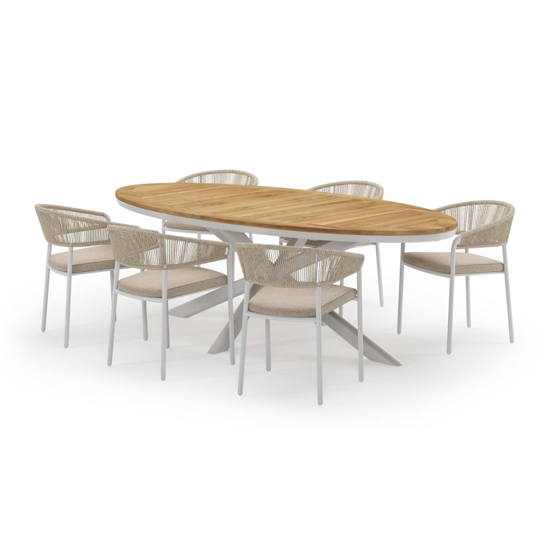Pamplona ovale tuinset in wit aluminium en teak natural finish met 6 Zamora tuinstoelen