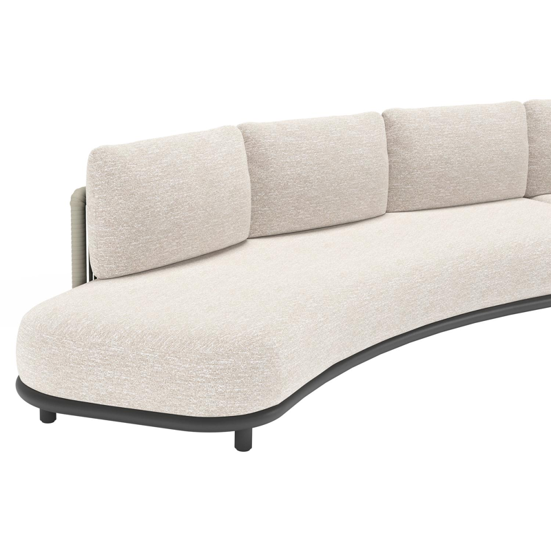 Canapé de jardin Lomano en aluminium noir et corde luxe plate tissée verticalement beige et coussins en all weather sunbrella® luxe Tundra Sand