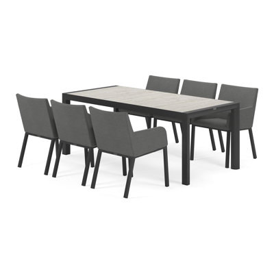 Madura tuinset in zwart aluminium en travertin keramische tegels tafelblad met 6 Rivo tuinstoelen