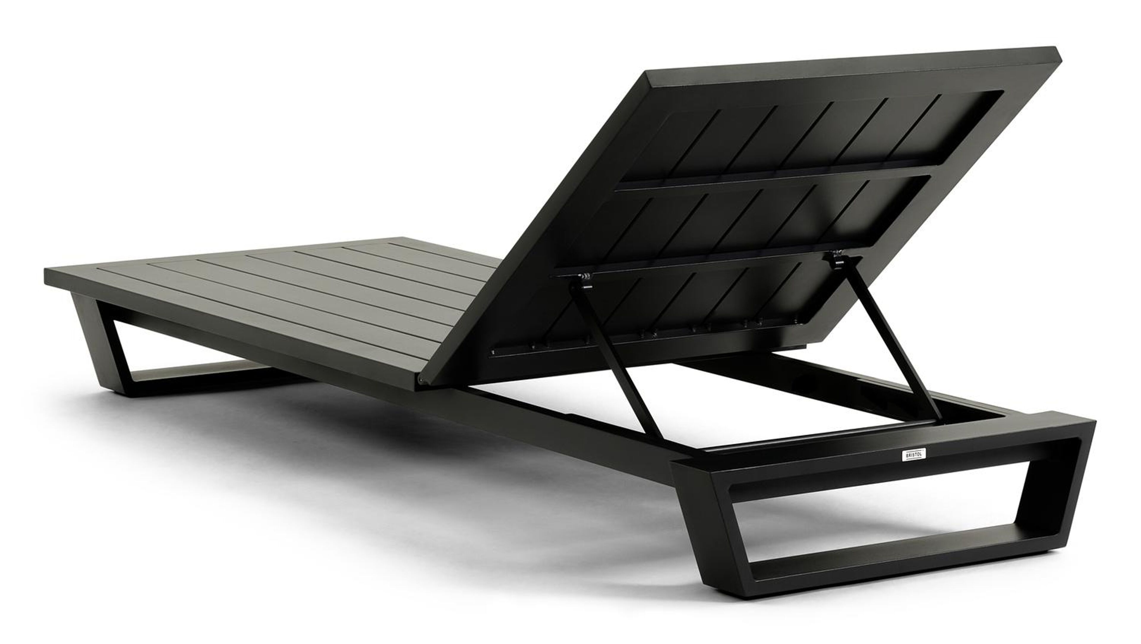 Chaise longue réglable Pagino en aluminium noir avec all weather sunbrella® luxe natte dark taupe coussin