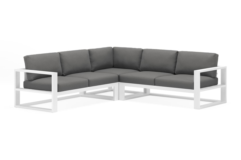 Verato loungehoek in wit aluminium met natte charcoal chine all weather sunbrella® luxe kussens