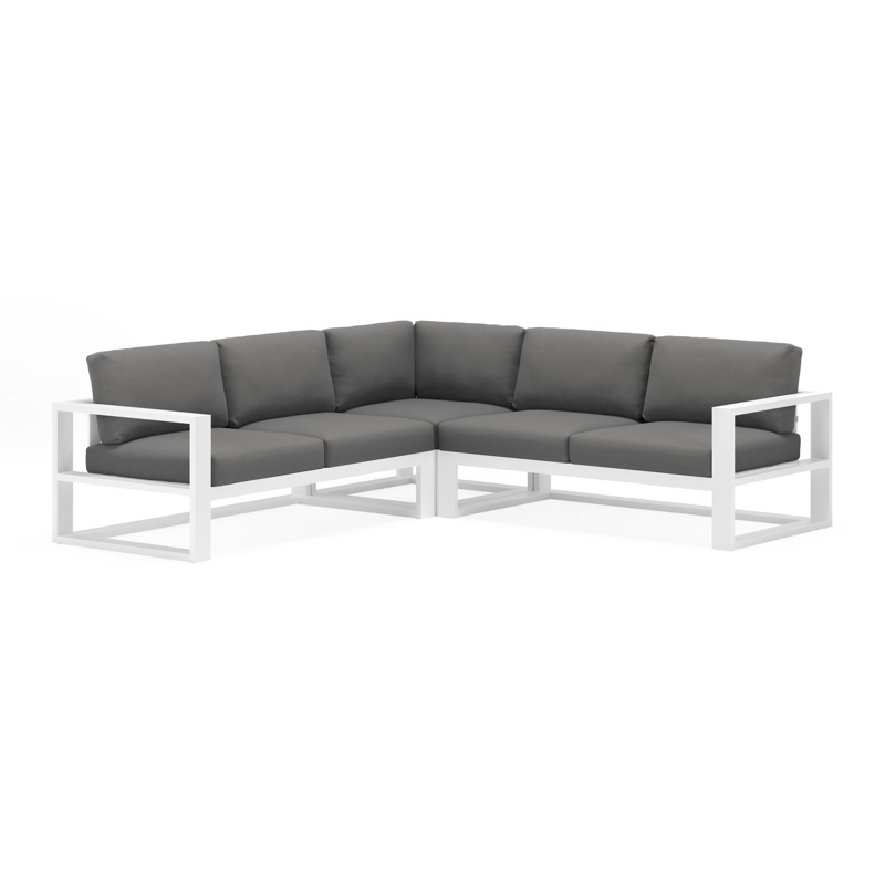 Verato loungehoek in wit aluminium met natte charcoal chine all weather sunbrella® luxe kussens