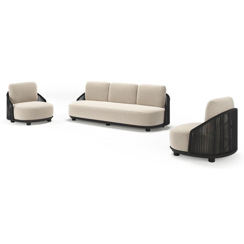 Salon de jardin Vadelo en aluminium noir et corde ronde tissée verticalement noir et coussins en all weather cosytica marbella ecru