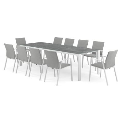 Trente tuinset in wit aluminium en grijs keramisch glas tafelblad met 10 stapelbare Madura tuinstoelen