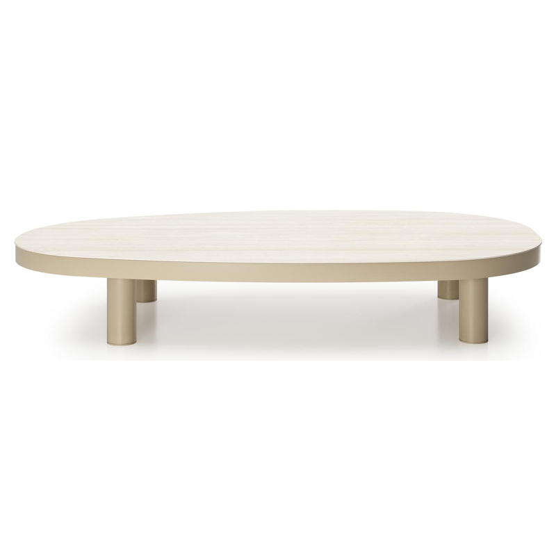 Table de basse Donato organique en aluminium beige et céramique pleine Travertino Bianco - Lg. 150.5 x Lrg. 90 x Haut. 24.5 cm