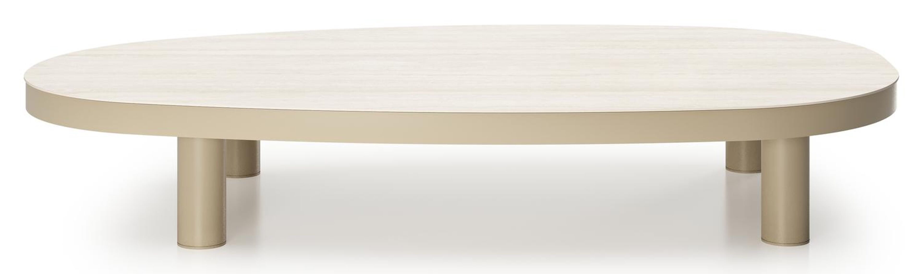 Table de basse Donato organique en aluminium beige et céramique pleine Travertino Bianco - Lg. 151 x Lrg. 90 x Haut. 25 cm