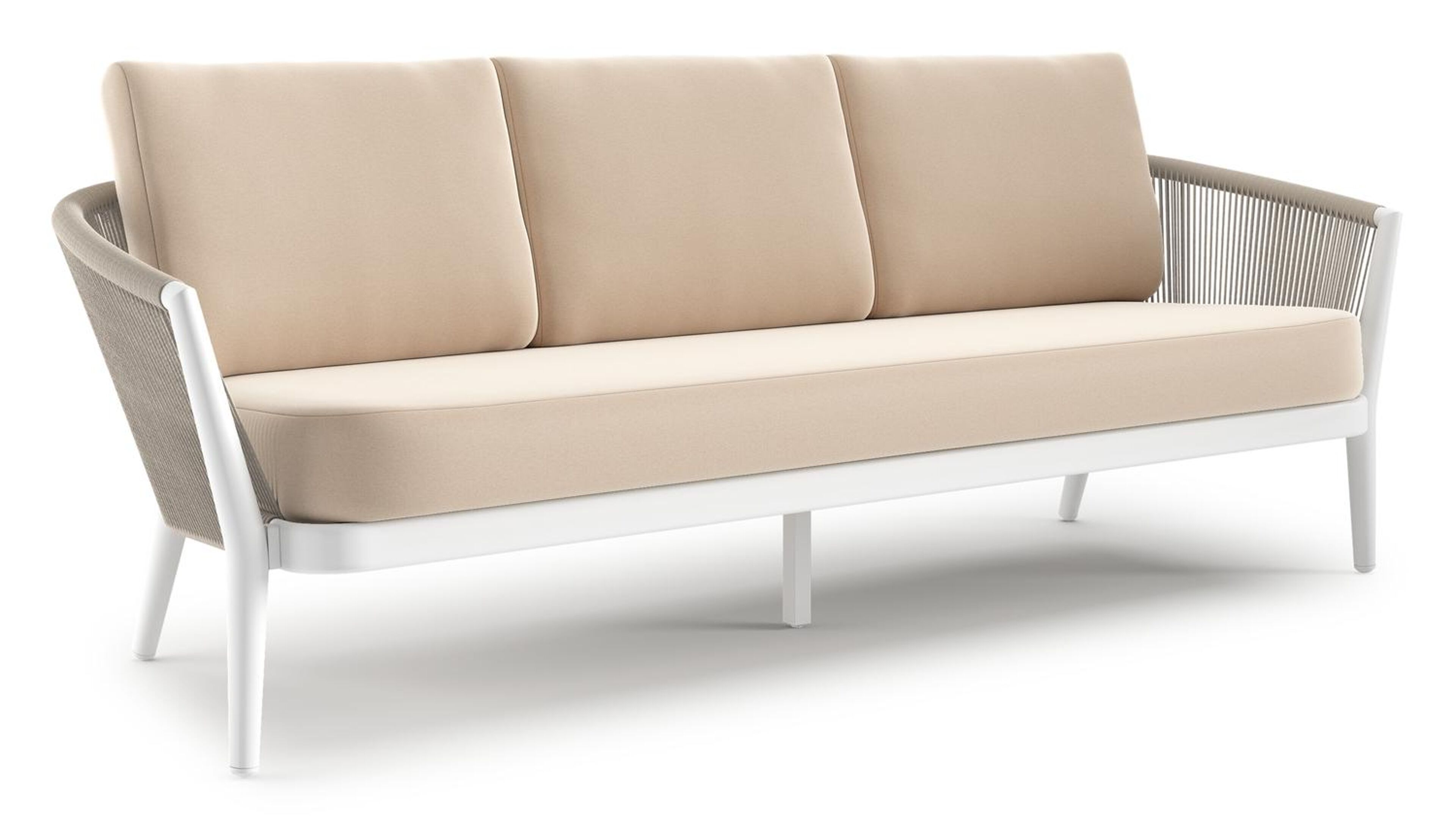 Orso loungebank 3-zit in wit aluminium en beige verticaal geweven ronde rope met natte linen chalk all weather sunbrella® luxe kussen