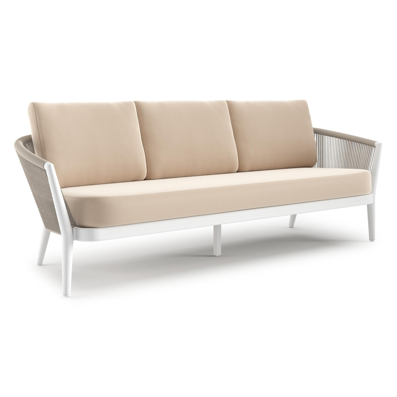 Orso loungebank 3-zit in wit aluminium en beige verticaal geweven ronde rope met natte linen chalk all weather sunbrella® luxe kussen