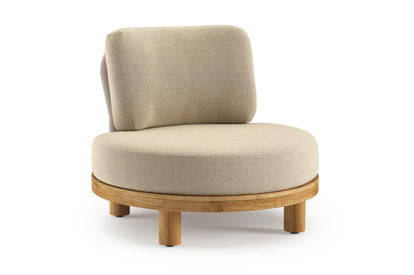 Donato loungestoel in teak en beige verticaal geweven ronde rope met all weather cosytica Althea Camel kussen