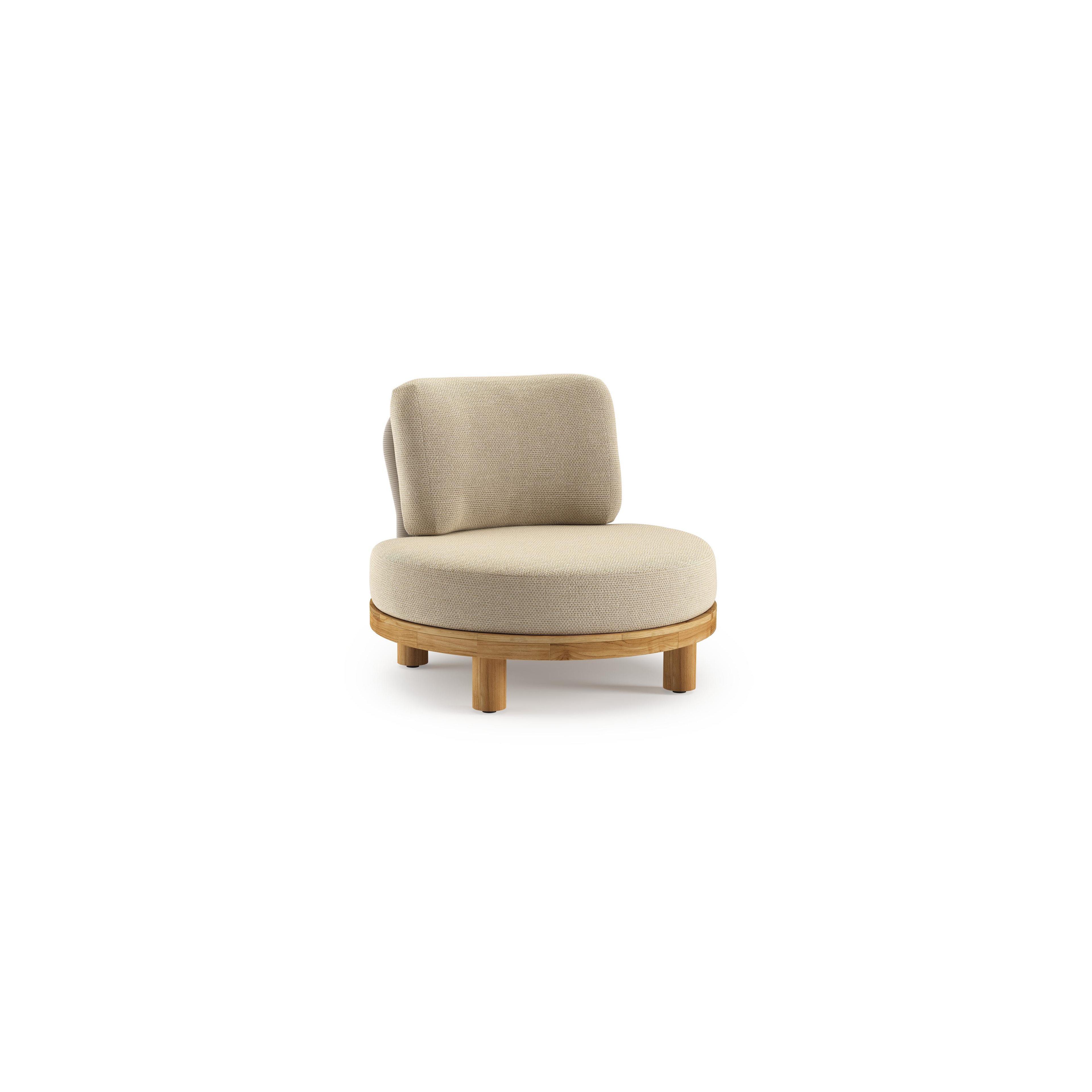 Donato loungestoel in teak en beige verticaal geweven ronde rope met all weather cosytica Althea Camel kussen