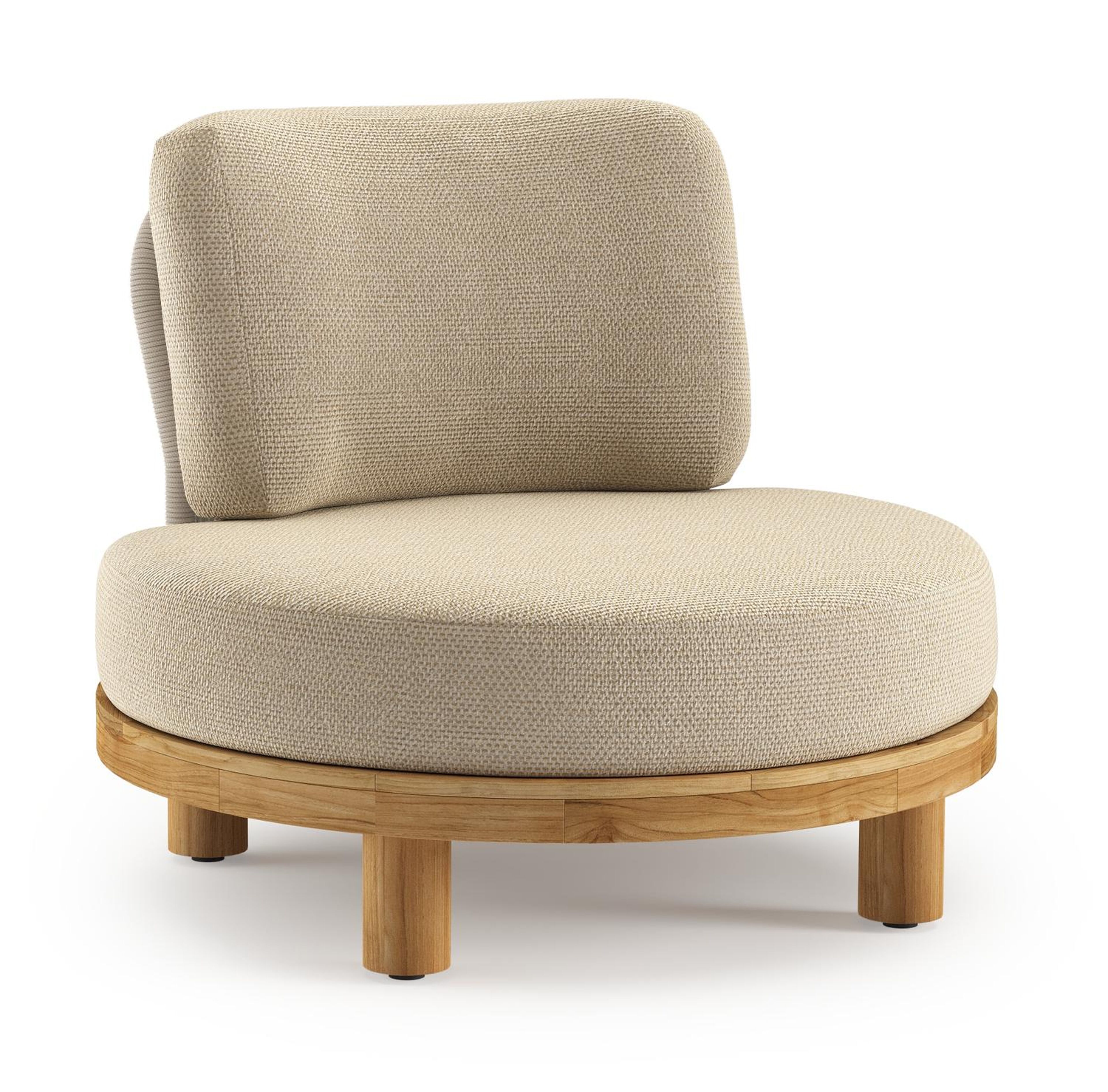 Donato loungestoel in teak en beige verticaal geweven ronde rope met all weather cosytica Althea Camel kussen