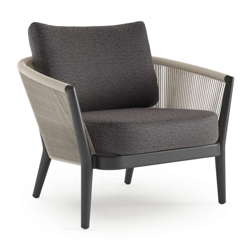 Orso loungestoel in zwart aluminium en beige verticaal geweven ronde rope met Firenze Tunder all weather solica kussen