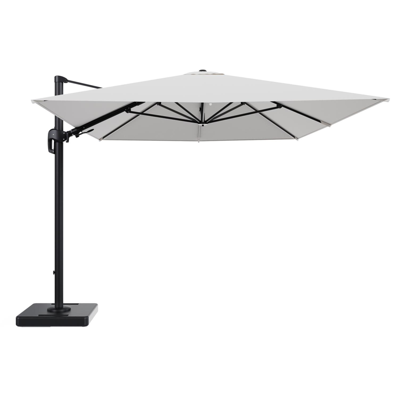 Rufina zweefparasol tiltfunctie in zwart aluminium en parasoldoek in All Weather Solica Soul Optik - L1 400 x L2 300 cm met parasolvoet Lapido 160 kg
