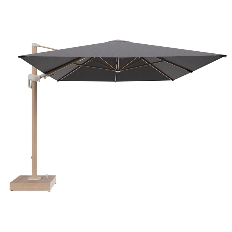 Rufina zweefparasol met tiltfunctie in houtlook aluminium en Firenze Tunder All Weather Solica parasoldoek - L1 400 x L2 300 cm met parasolvoet Minore 150 kg met wielen