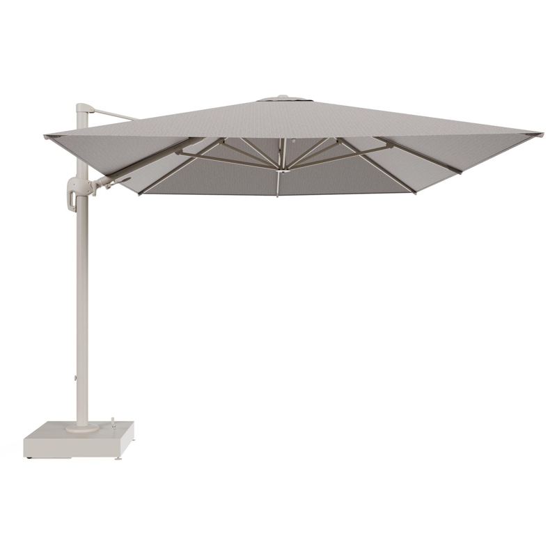 Parasol pendant Rufina avec fonction tilt en aluminium beige et toile de parasol All Weather Sunbrella® Luxe Wander Granite - Lg.1 400 x Lg.2 300 cm avec pied de parasol Minore 150 kg avec roulettes