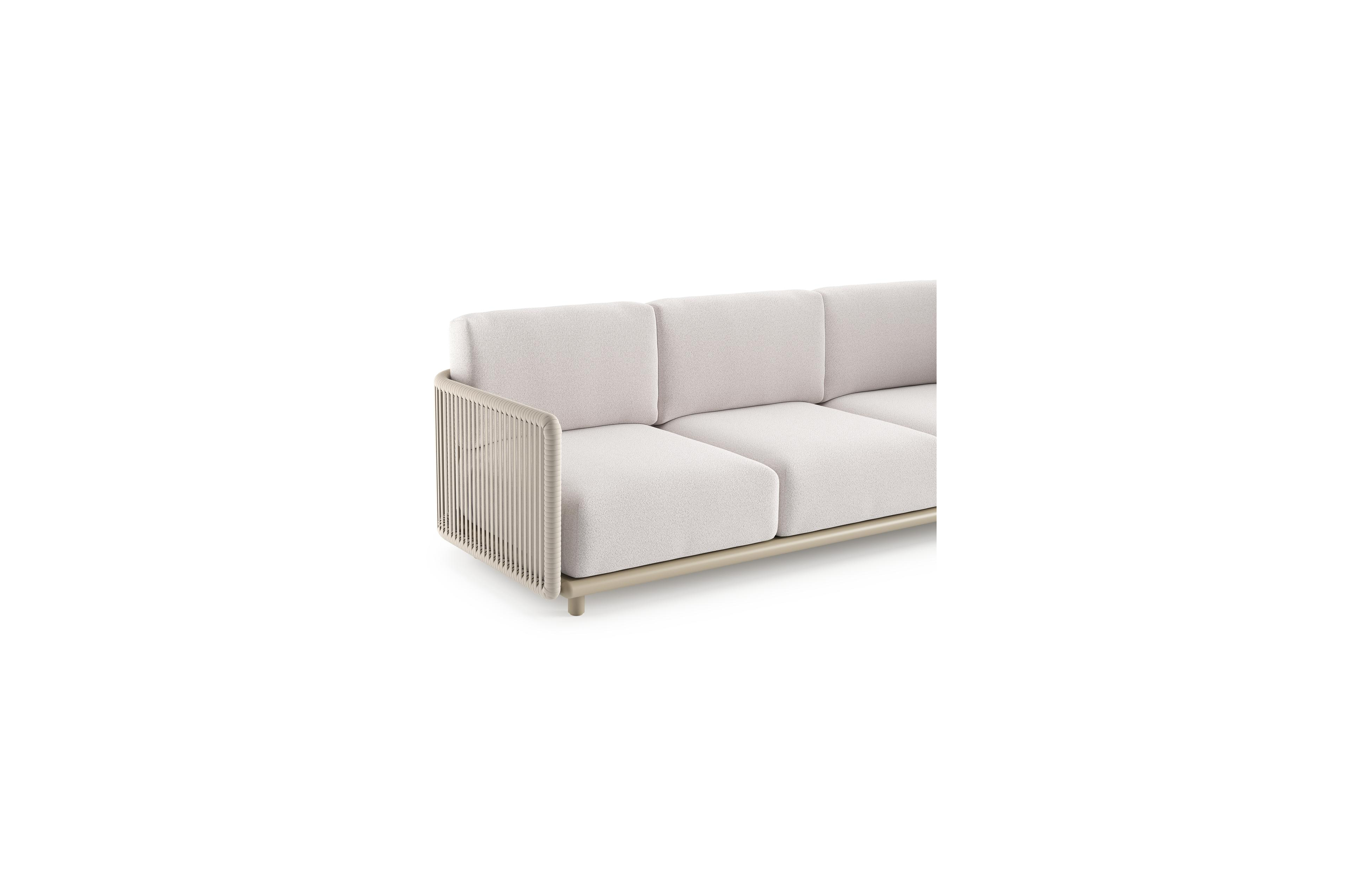 Organo loungebank in beige aluminium en beige verticaal geweven luxe vlakke rope met ego eggshell all weather Solica kussen