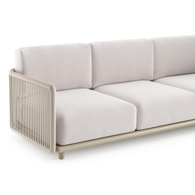 Organo loungebank in beige aluminium en beige verticaal geweven luxe vlakke rope met ego eggshell all weather Solica kussen
