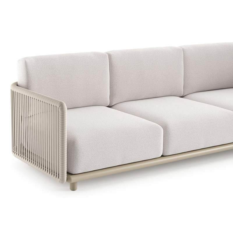 Organo loungebank in beige aluminium en beige verticaal geweven luxe vlakke rope met ego eggshell all weather Solica kussen