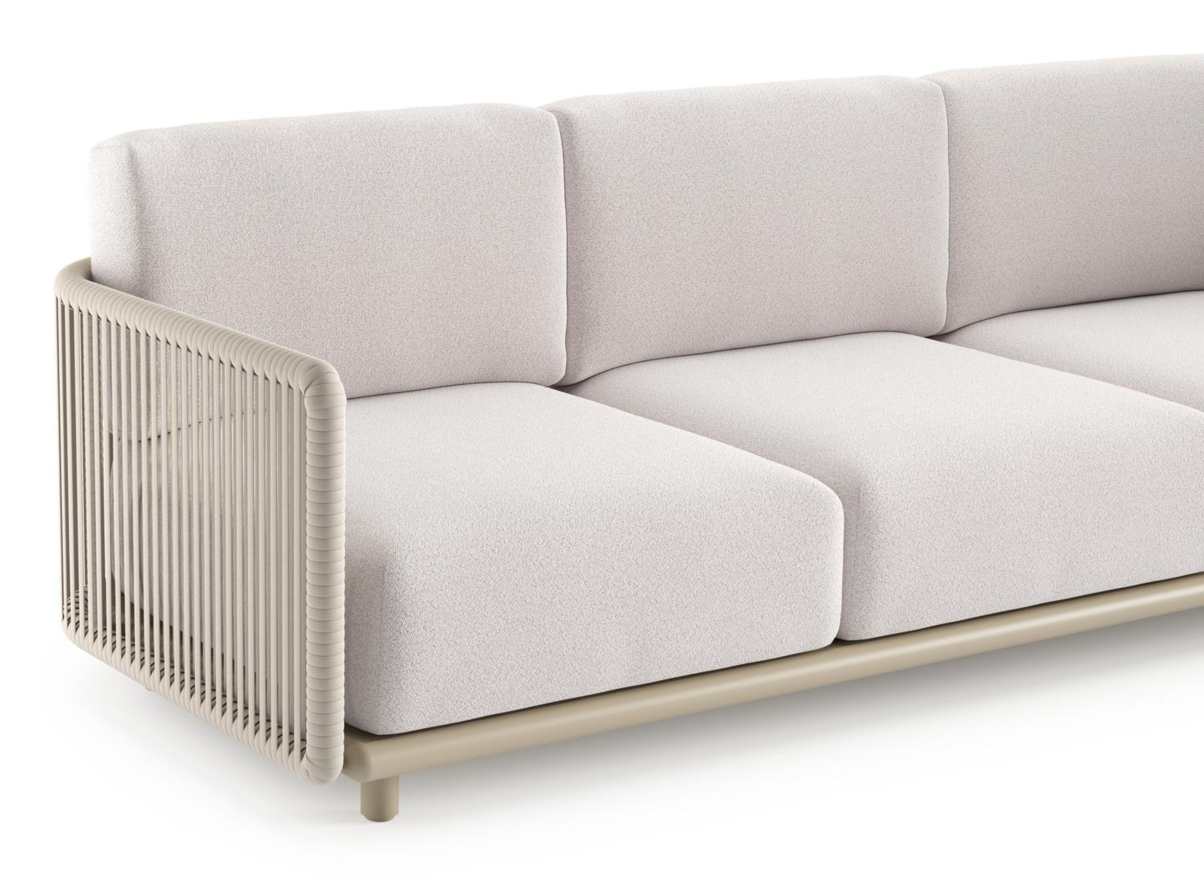 Organo loungebank in beige aluminium en beige verticaal geweven luxe vlakke rope met ego eggshell all weather Solica kussen