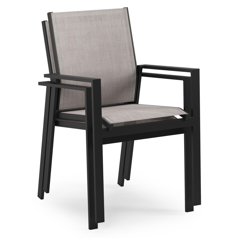 Calzo tuinset in zwart aluminium en zwart sintered stone met 6 stapelbare Bahia tuinstoelen
