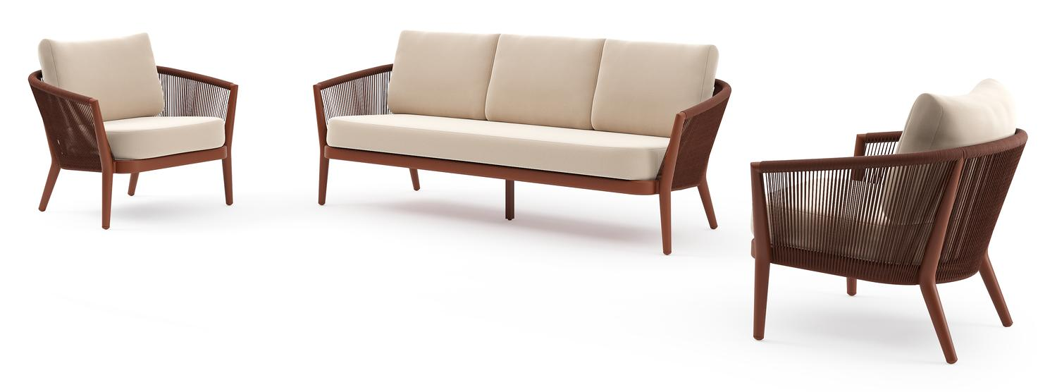 Orso loungeset in roestbruin aluminium en roestbruin verticaal geweven ronde rope met Natte Linen Chalk all weather sunbrella® luxe kussen