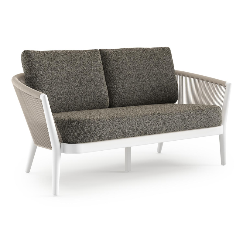 Canapé de jardin Orso en aluminium blanc en corde ronde tissée verticalement beige et coussins en all weather cosytica Marbella Tunder