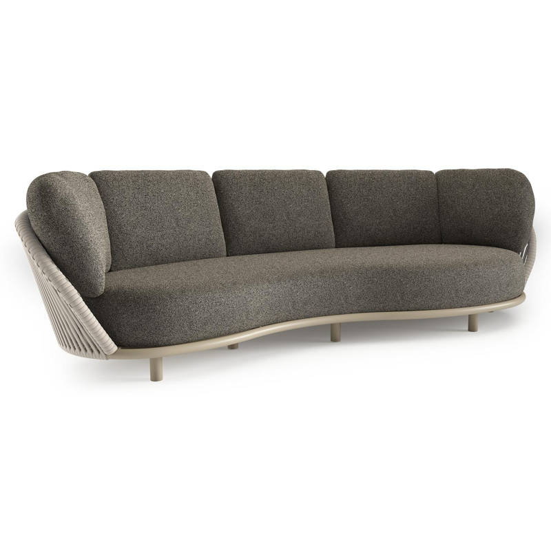 Lupino loungebank in beige aluminium en beige verticaal geweven luxe vlakke brede rope met marbella tunder all weather cosytica kussen