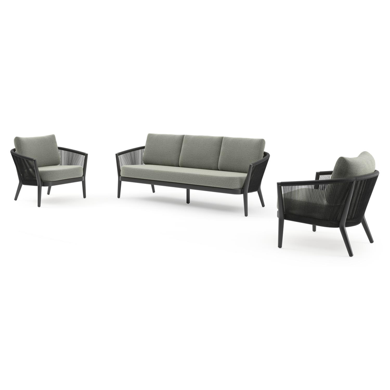 Orso loungeset in zwart aluminium en zwart verticaal geweven ronde rope met Savane Leaf all weather sunbrella® luxe kussen